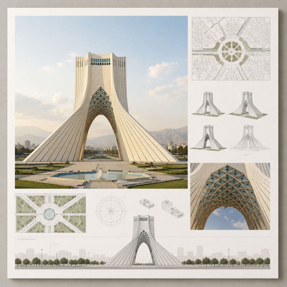 پوستر گرافیکی تحلیل میدان آزادی تهران، شیت معماری با کیفیت چاپ